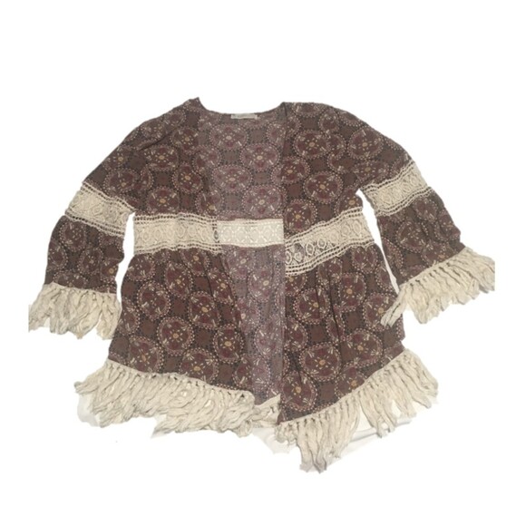 Entro wrap Women's Large brown open front cream lace inserts fringe Boho Coastal - Picture 2 of 8